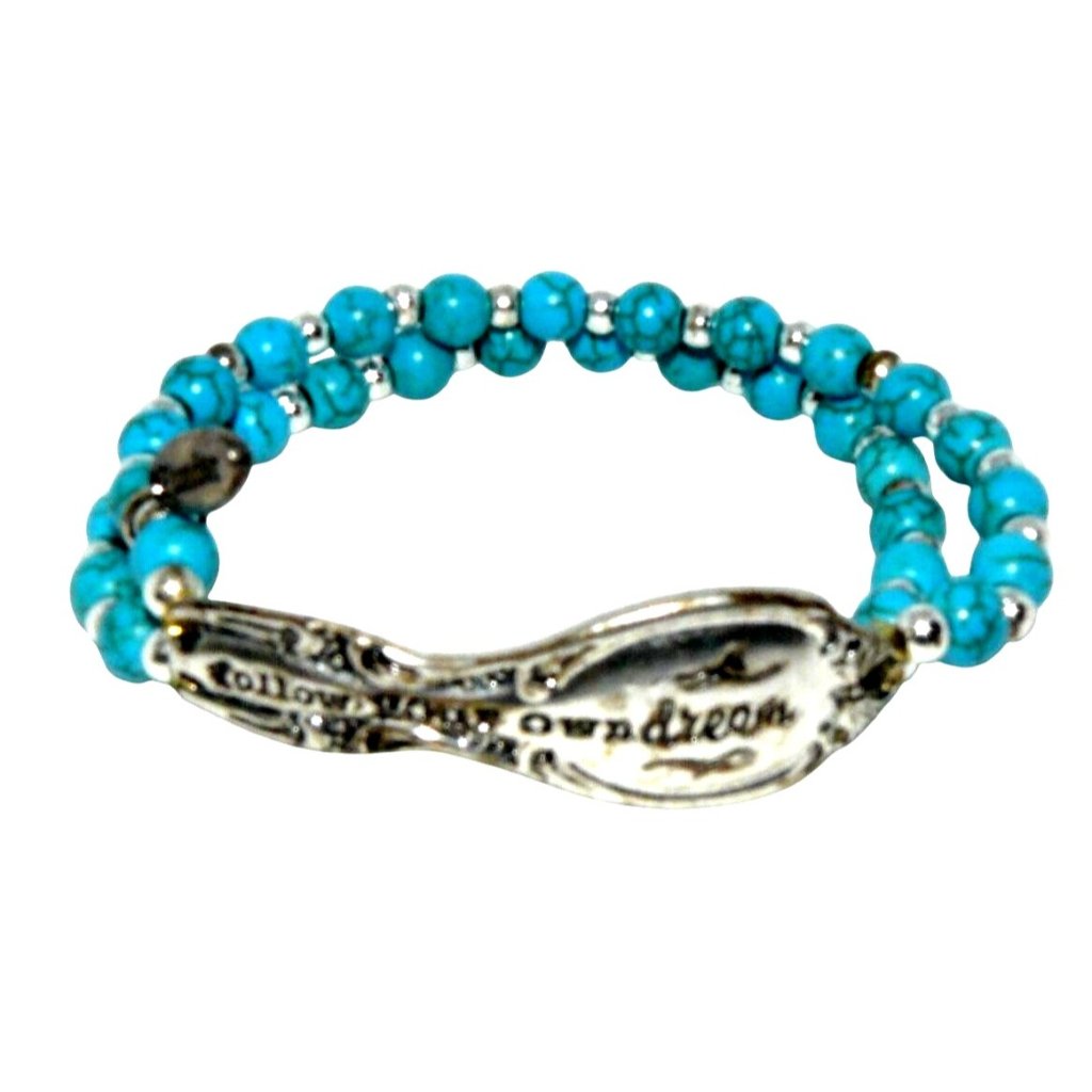 Turquoise Beaded Bracelet Follow Your Own Dream Silver Spoon Charm Plunder Vtg